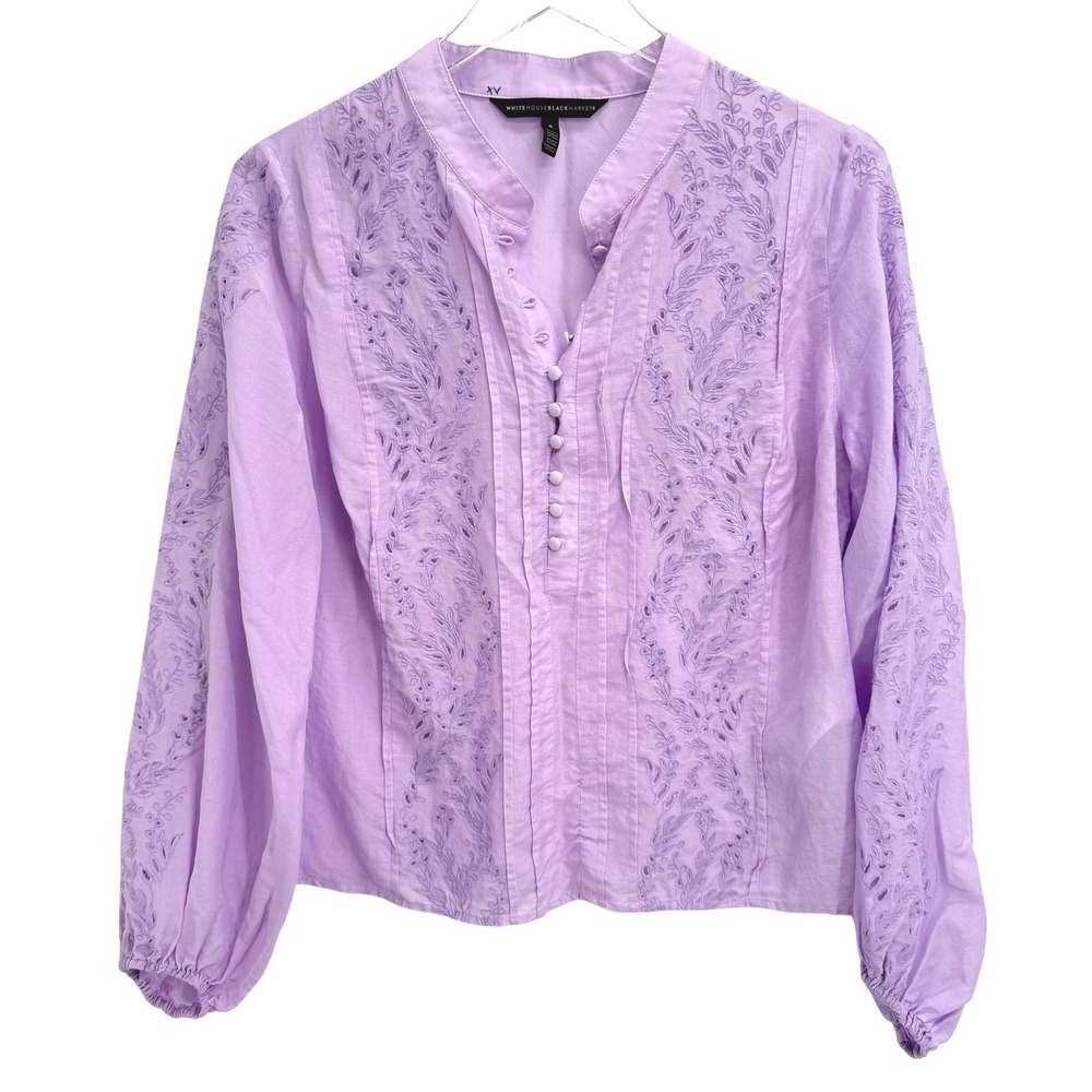 White House Black Market Cotton Silk Embroidered Eyelet Blouse Size S Purple